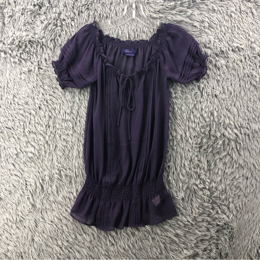 Miley Cyrus Blouse Maxaria Womens XS Purple See through Ruffle Hems Cinch Waist